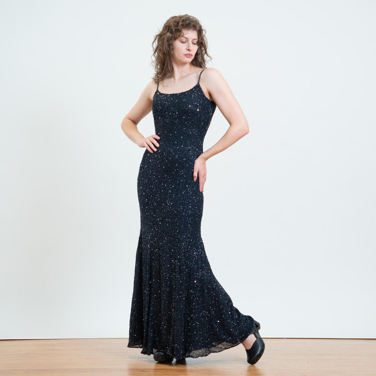 Vintage 90s Y2K Midnight Blue Beaded Gown, As Is - Small | Cristall Collection Bodycon Bias Cut Maxi Dress
