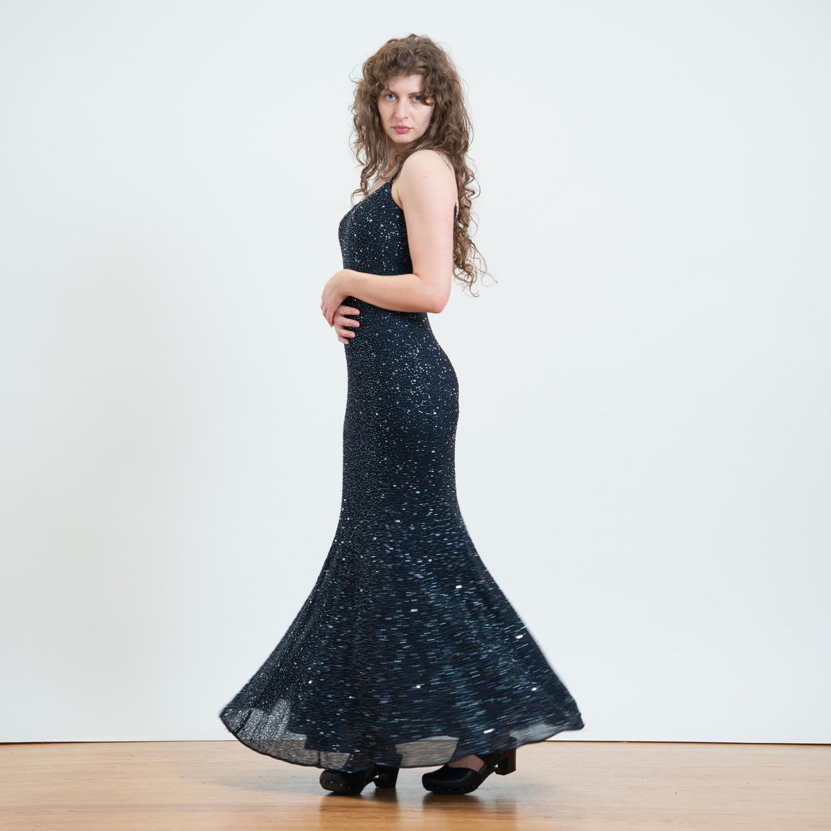 Vintage 90s Y2K Midnight Blue Beaded Gown, As Is - Small | Cristall Collection Bodycon Bias Cut Maxi Dress