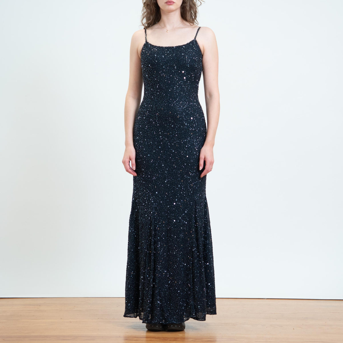 Vintage 90s Y2K Midnight Blue Beaded Gown, As Is - Small | Cristall Collection Bodycon Bias Cut Maxi Dress
