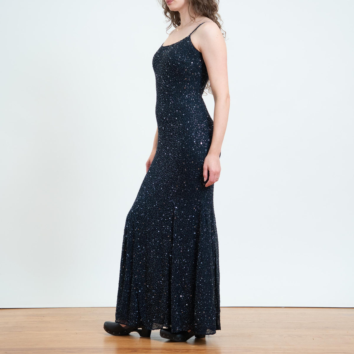 Vintage 90s Y2K Midnight Blue Beaded Gown, As Is - Small | Cristall Collection Bodycon Bias Cut Maxi Dress