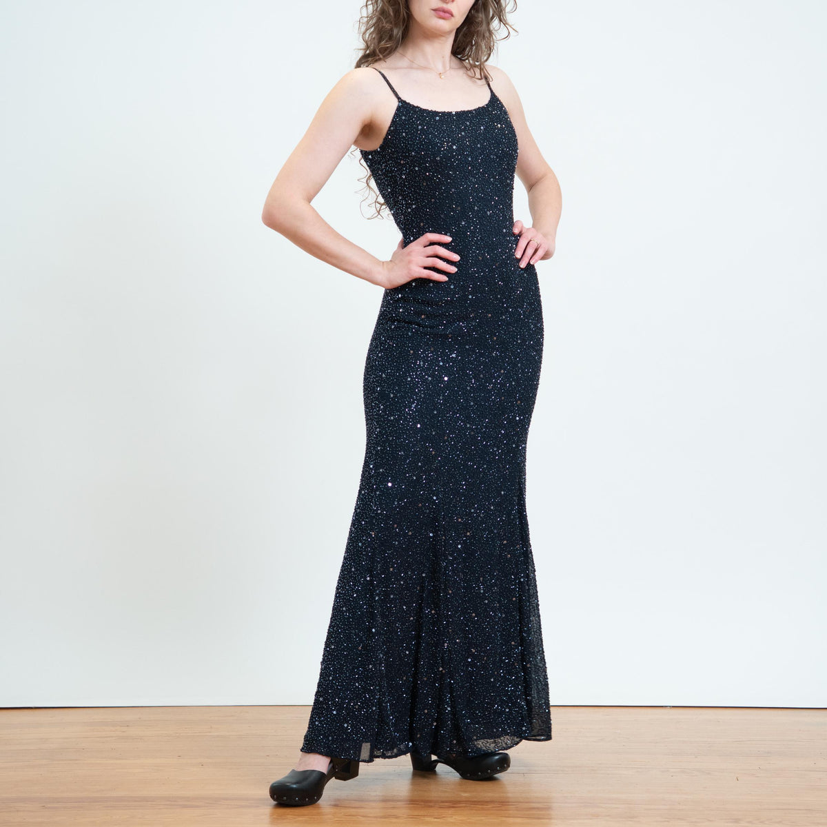 Vintage 90s Y2K Midnight Blue Beaded Gown, As Is - Small | Cristall Collection Bodycon Bias Cut Maxi Dress