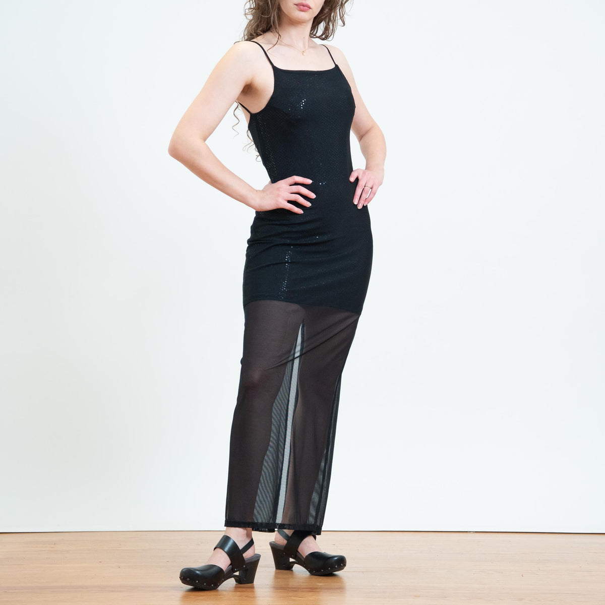 Vintage 90s Black Sheer Overlay Sparkle Maxi Dress - Small | Low Back Sleeveless Bodycon Gown Party Dress