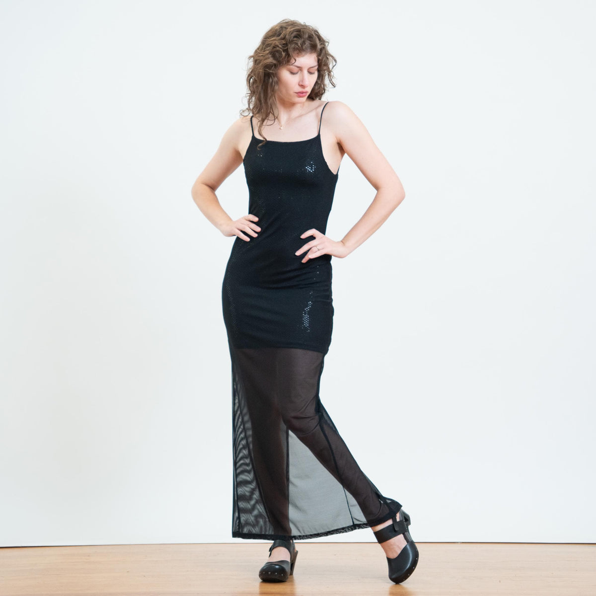 Vintage 90s Black Sheer Overlay Sparkle Maxi Dress - Small | Low Back Sleeveless Bodycon Gown Party Dress