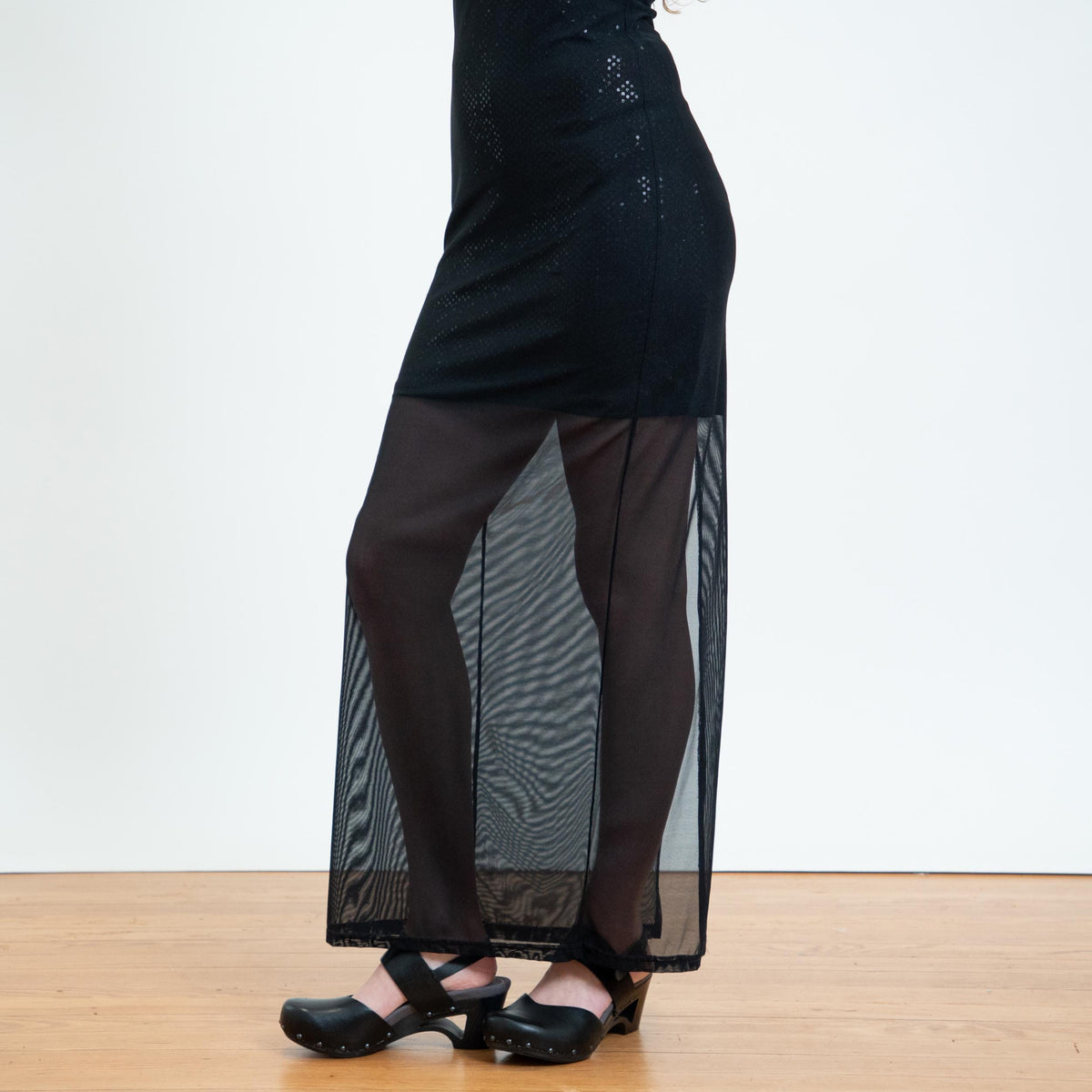 Vintage 90s Black Sheer Overlay Sparkle Maxi Dress - Small | Low Back Sleeveless Bodycon Gown Party Dress