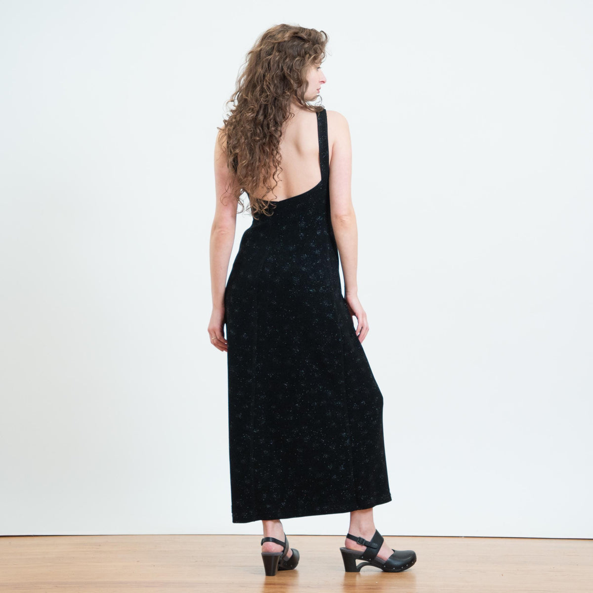 Vintage 90s Black Low Back Sparkle Gown - Medium | Low Back Sleeveless Party Dress