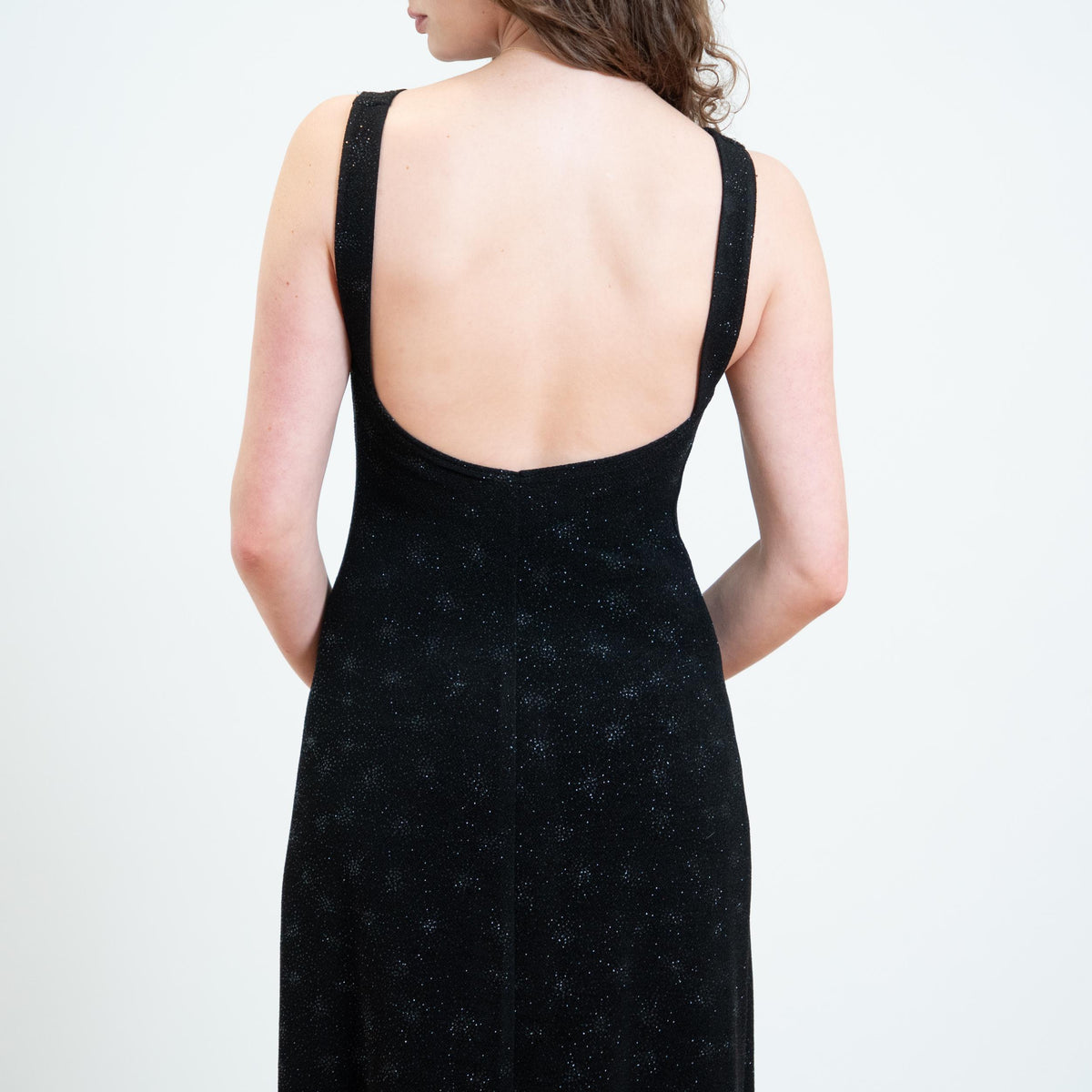 Vintage 90s Black Low Back Sparkle Gown - Medium | Low Back Sleeveless Party Dress