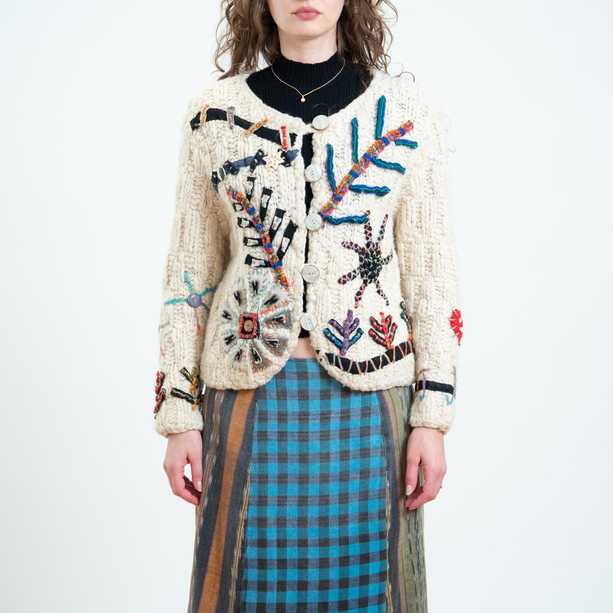 Vintage 90s Embroidered Art Teacher Whimsy Cardigan - Small | Boho Chunky Knit Button Up Sweater