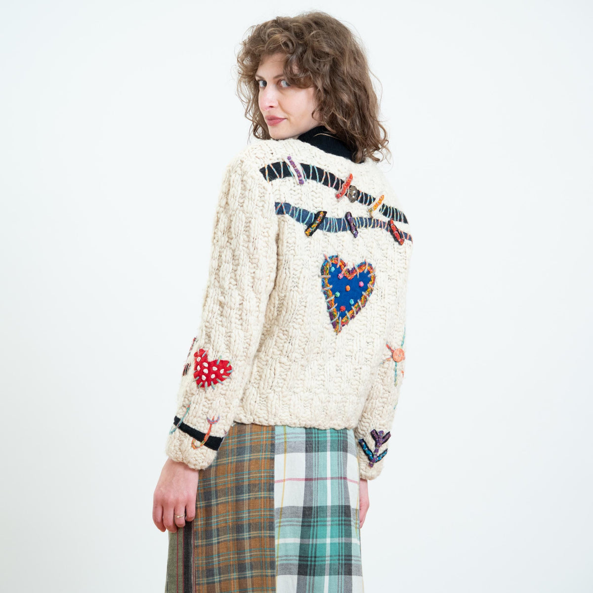 Vintage 90s Embroidered Art Teacher Whimsy Cardigan - Small | Boho Chunky Knit Button Up Sweater