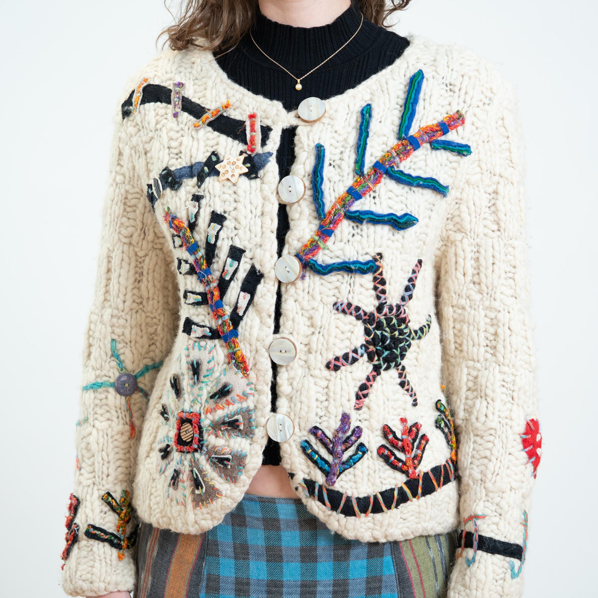 Vintage 90s Embroidered Art Teacher Whimsy Cardigan - Small | Boho Chunky Knit Button Up Sweater