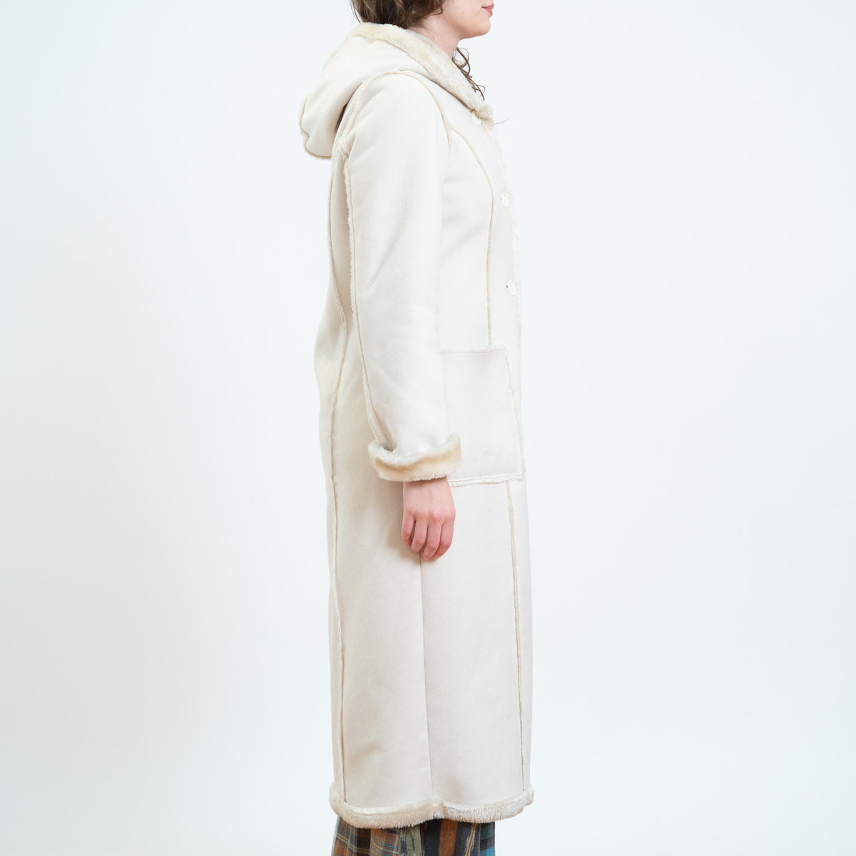 Vintage Y2K Does 70s Cream Faux Shearling Hooded Coat - Small | Boho Plush Sherpa Long Winter Jacket