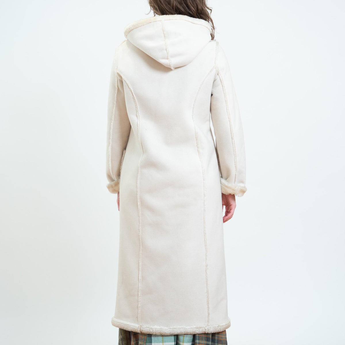 Vintage Y2K Does 70s Cream Faux Shearling Hooded Coat - Small | Boho Plush Sherpa Long Winter Jacket