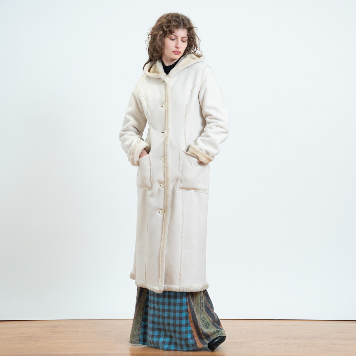 Vintage Y2K Does 70s Cream Faux Shearling Hooded Coat - Small | Boho Plush Sherpa Long Winter Jacket