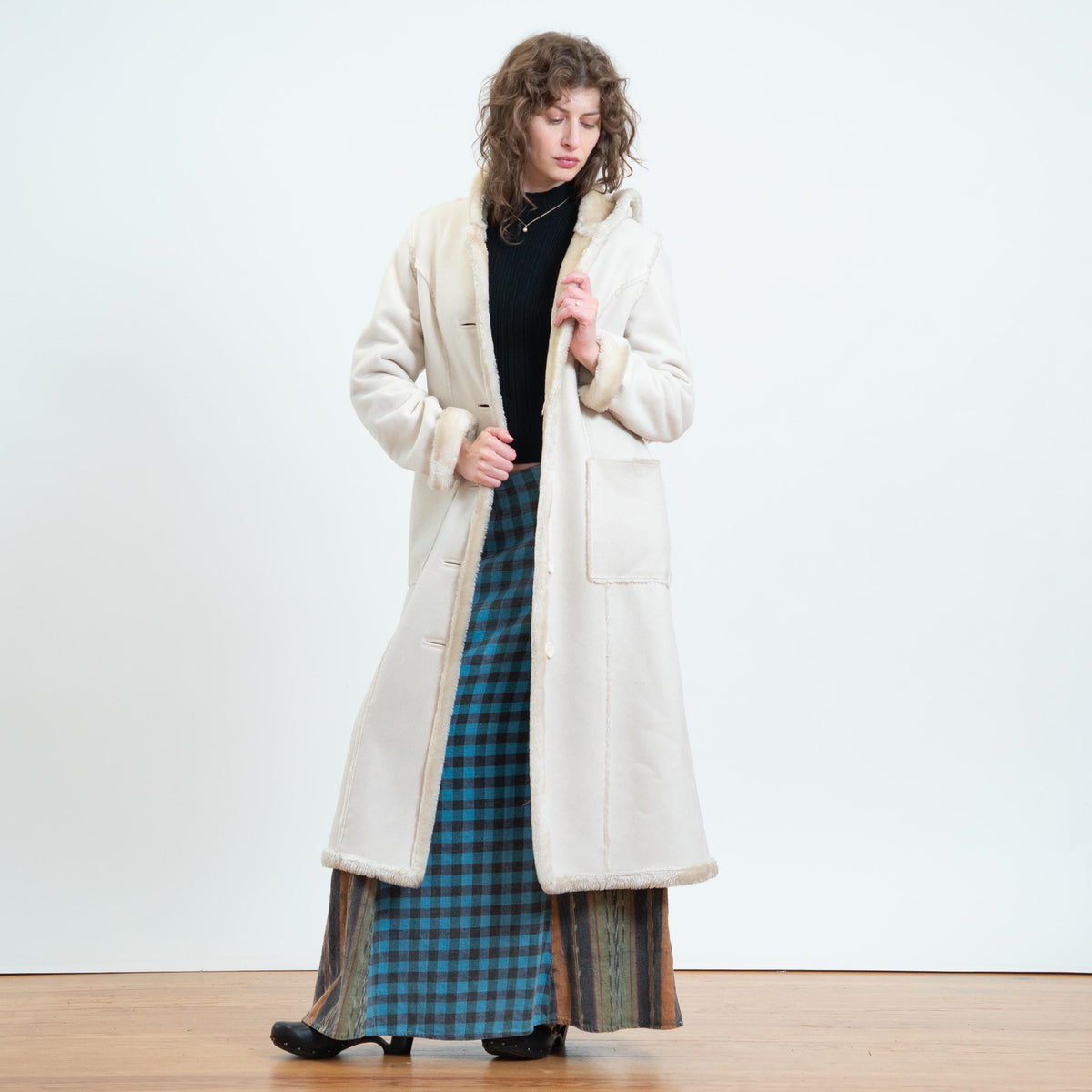 Vintage Y2K Does 70s Cream Faux Shearling Hooded Coat - Small | Boho Plush Sherpa Long Winter Jacket
