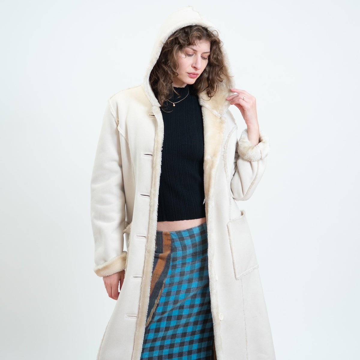Vintage Y2K Does 70s Cream Faux Shearling Hooded Coat - Small | Boho Plush Sherpa Long Winter Jacket
