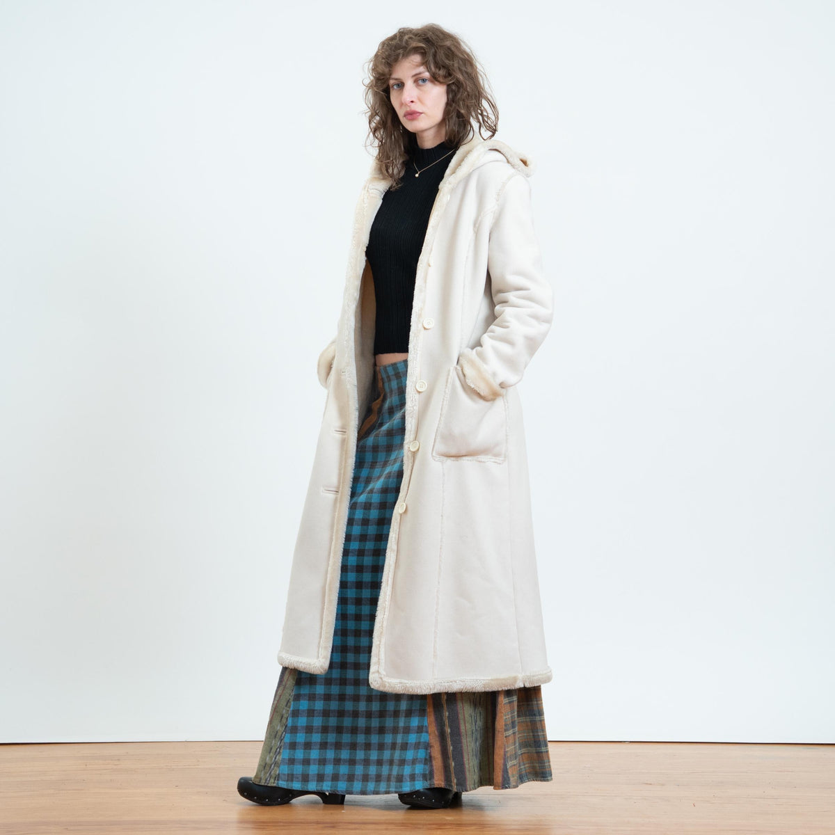Vintage Y2K Does 70s Cream Faux Shearling Hooded Coat - Small | Boho Plush Sherpa Long Winter Jacket