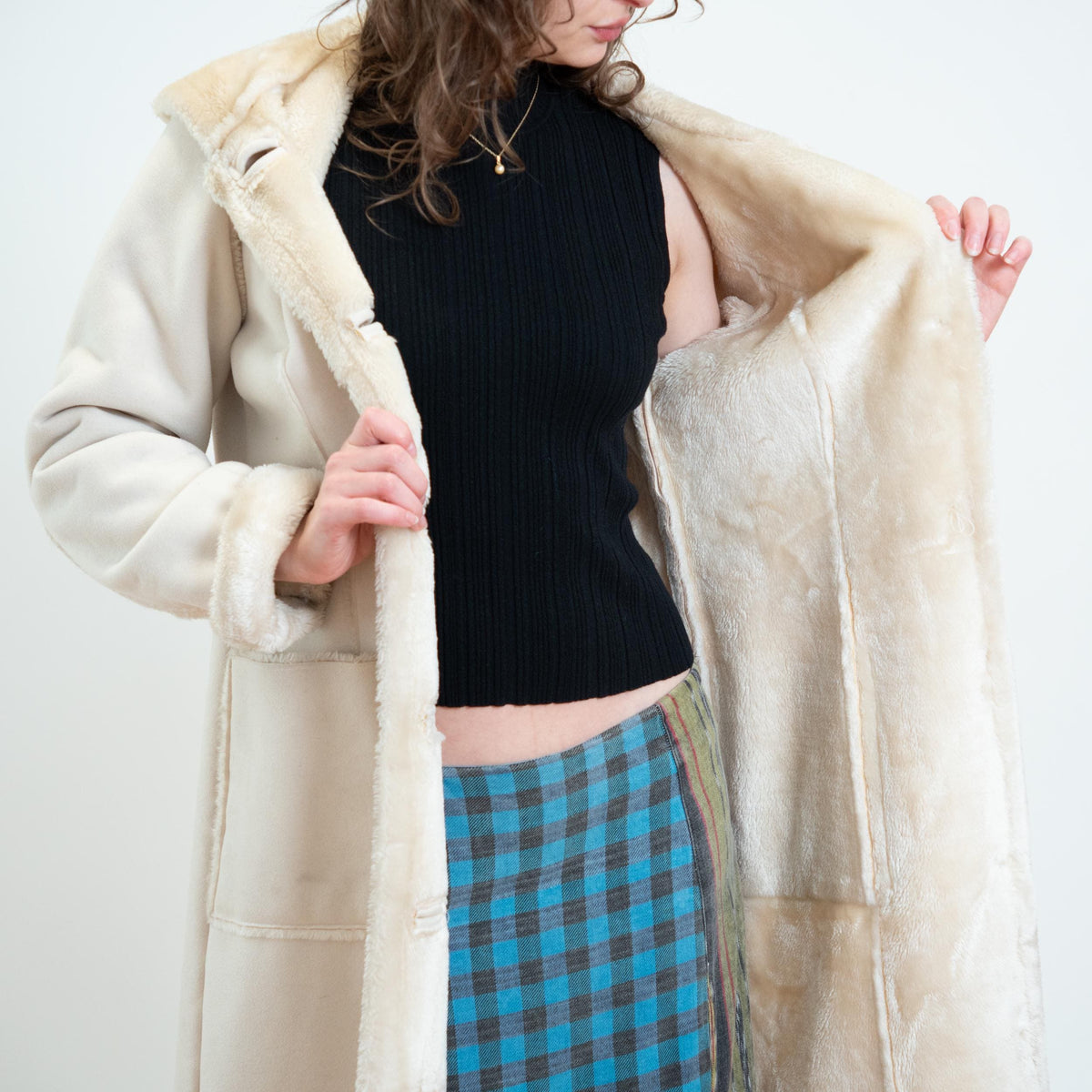 Vintage Y2K Does 70s Cream Faux Shearling Hooded Coat - Small | Boho Plush Sherpa Long Winter Jacket