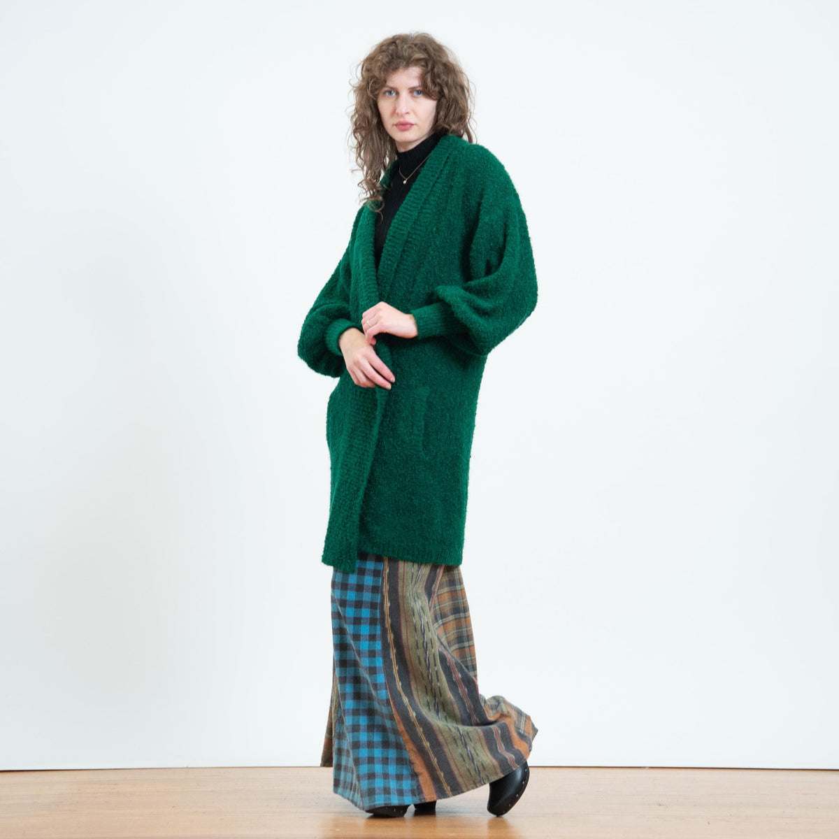 Vintage 80s Emerald Green Boucle Knit Cardigan - Medium | Open Front Boho Chunky Knit Longline Sweater Cover Up