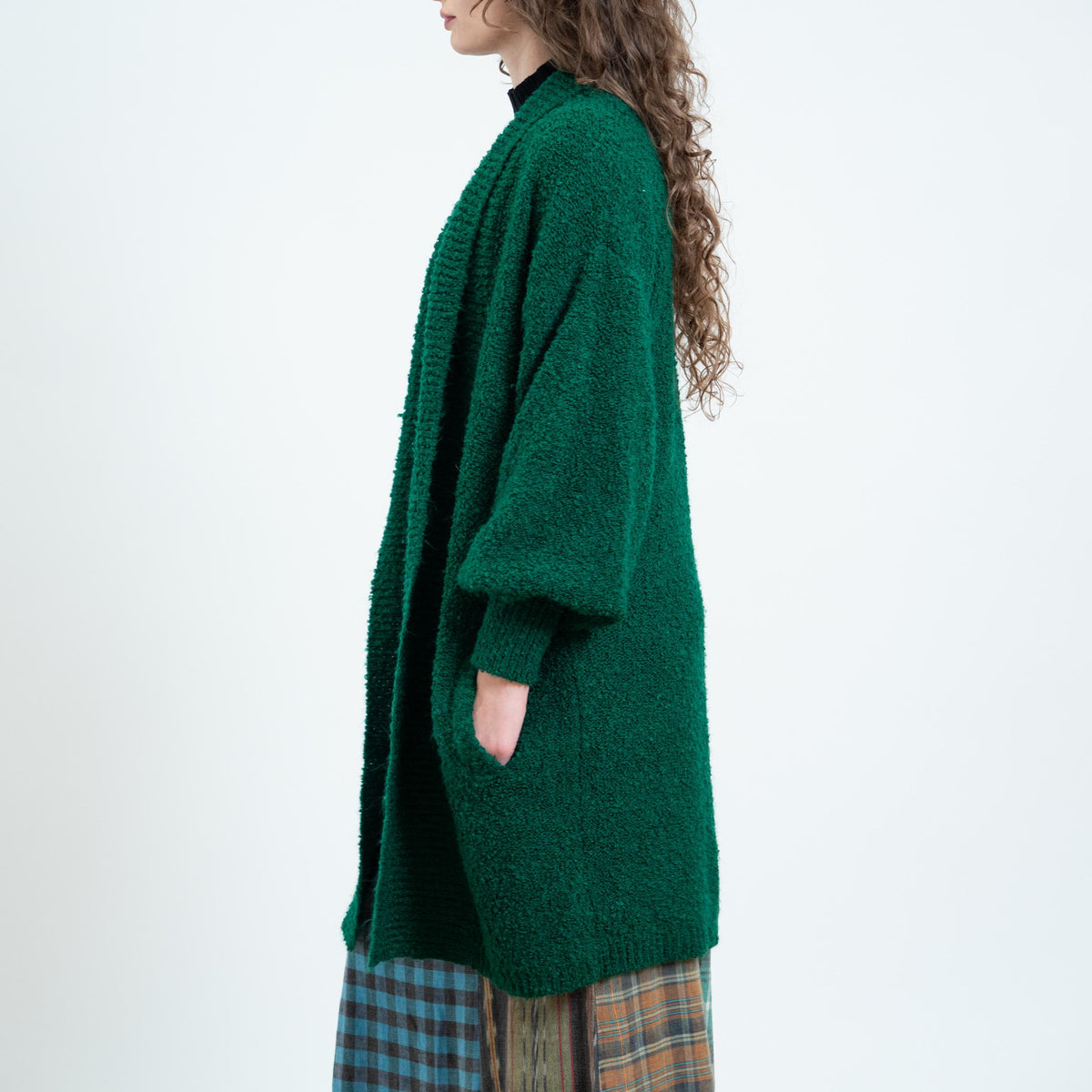 Vintage 80s Emerald Green Boucle Knit Cardigan - Medium | Open Front Boho Chunky Knit Longline Sweater Cover Up