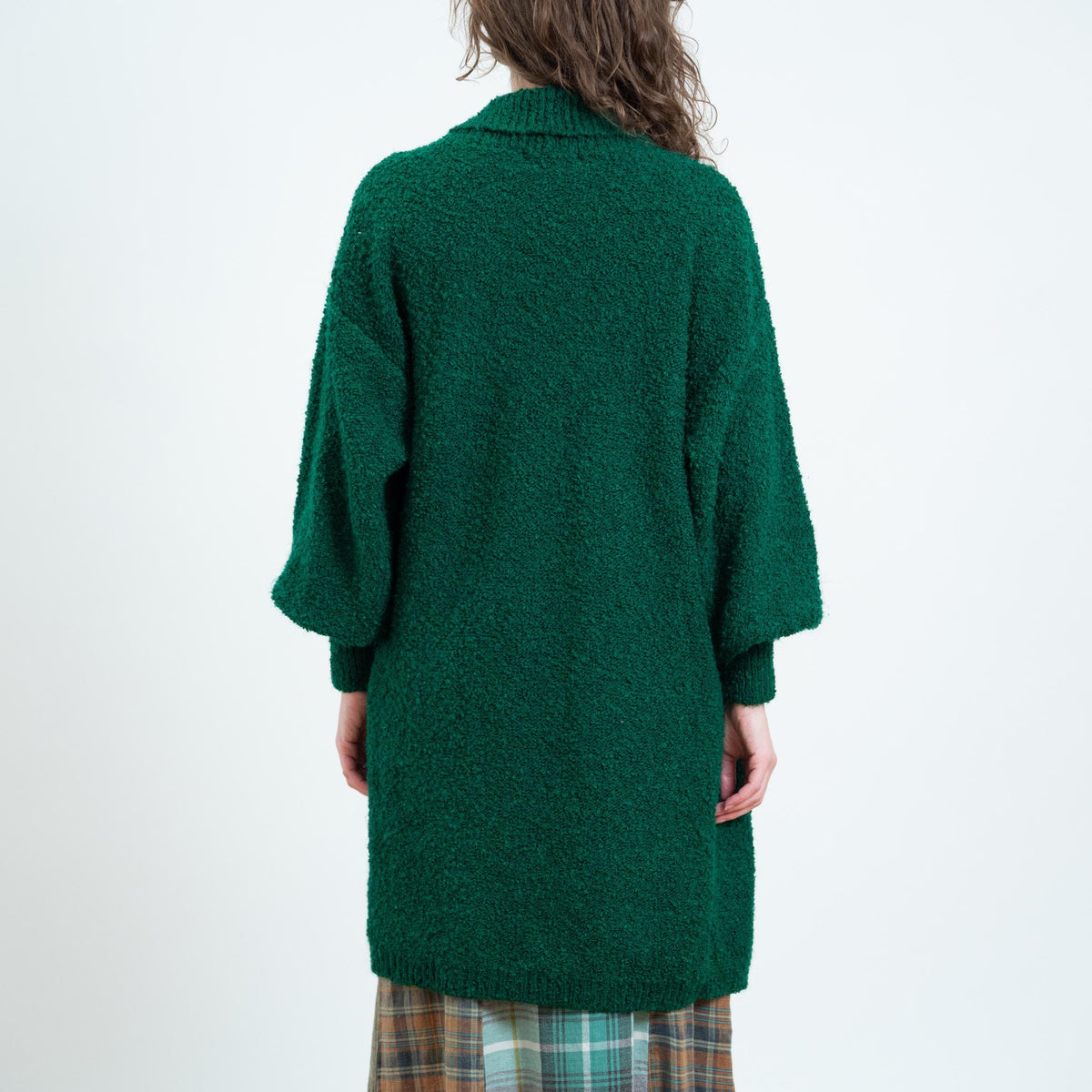 Vintage 80s Emerald Green Boucle Knit Cardigan - Medium | Open Front Boho Chunky Knit Longline Sweater Cover Up