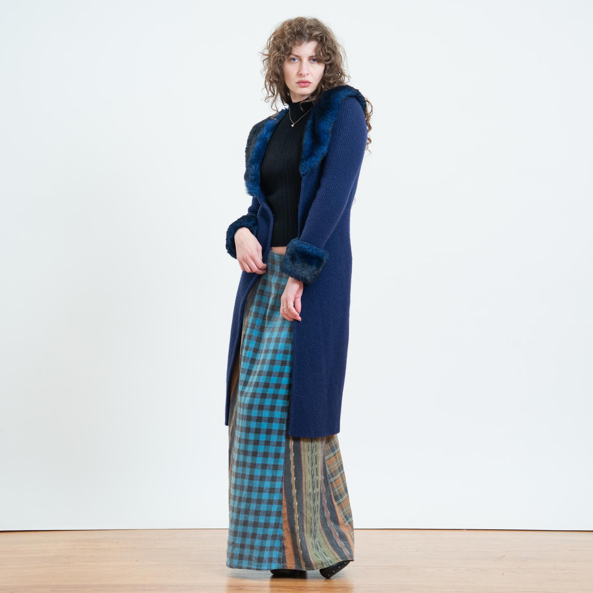 Vintage 90s Midnight Blue Plush Collar Duster Cardigan - XS to Small | Boho Whimsigoth Longline Sweater Cover Up
