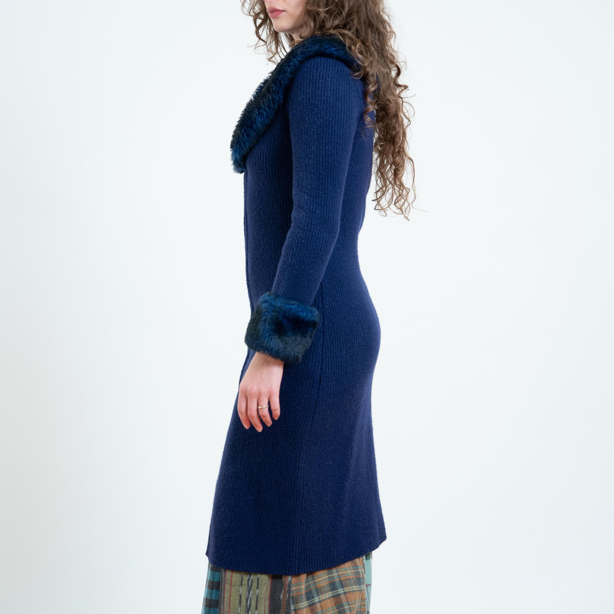 Vintage 90s Midnight Blue Plush Collar Duster Cardigan - XS to Small | Boho Whimsigoth Longline Sweater Cover Up