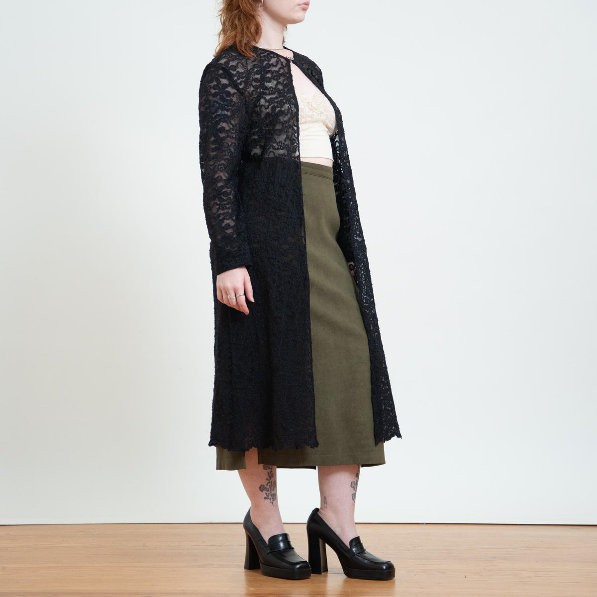 Vintage 90s Black Lace Duster Cover Up - Large to XL | Sheer Long Sleeve Open Fit Midi Top