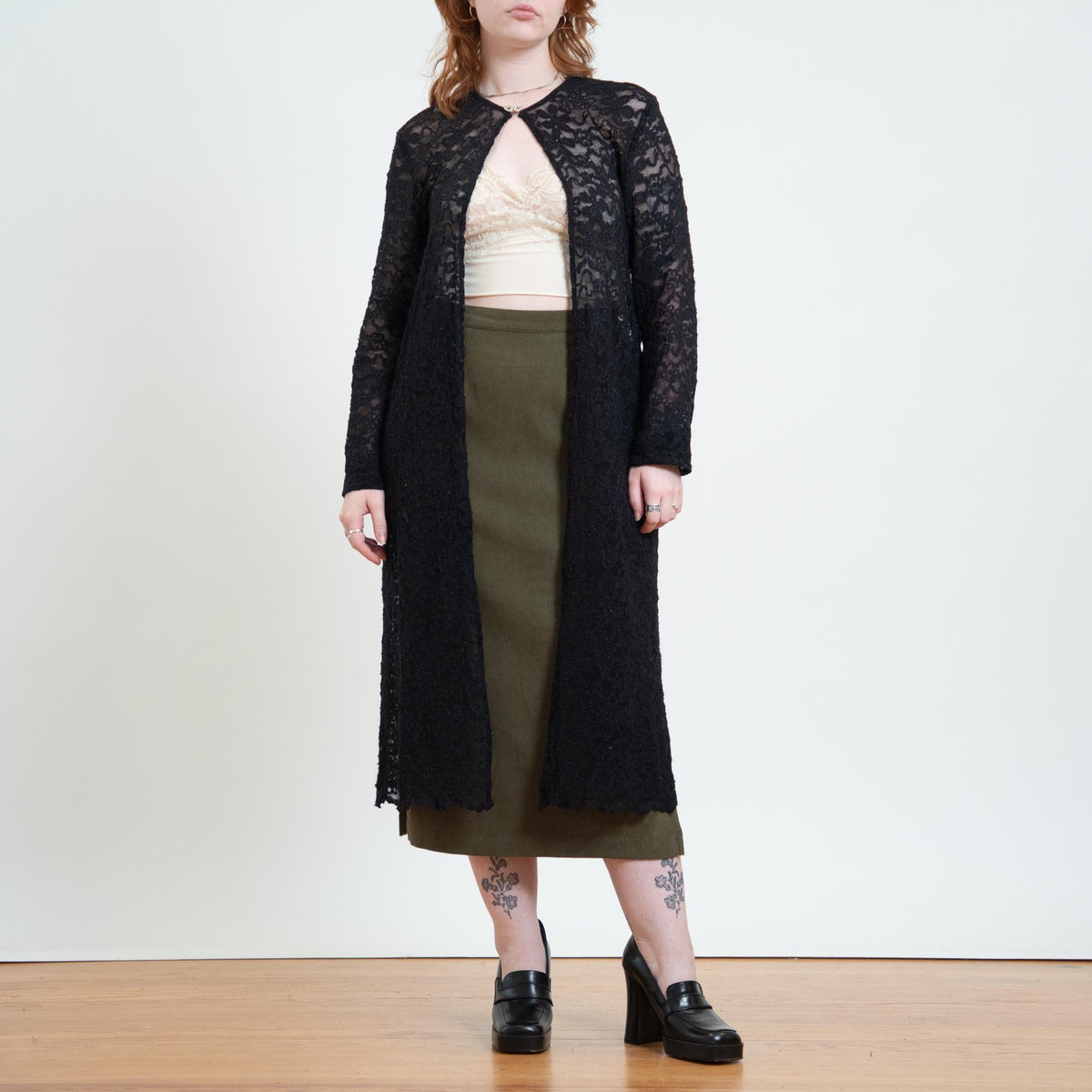 Vintage 90s Black Lace Duster Cover Up - Large to XL | Sheer Long Sleeve Open Fit Midi Top