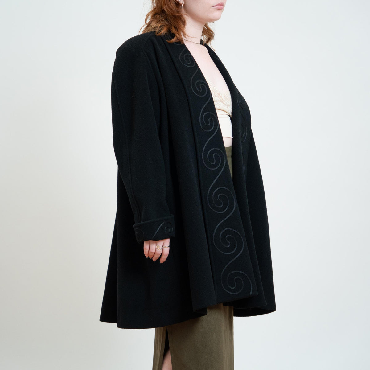 Vintage 80s Black Wool Soutache Swirl Trim Coat - Extra Large | Open Fit Mid Length Swing Overcoat