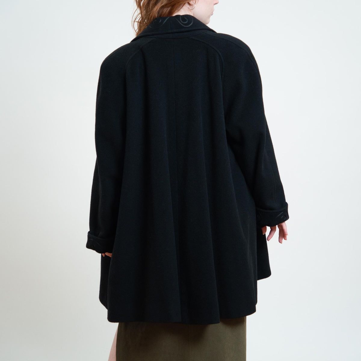 Vintage 80s Black Wool Soutache Swirl Trim Coat - Extra Large | Open Fit Mid Length Swing Overcoat