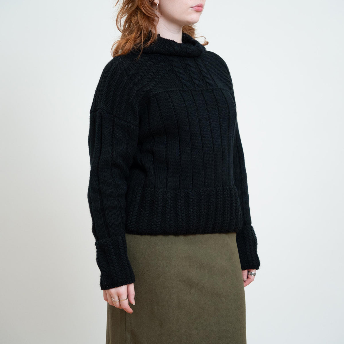 Vintage 80s Black Cable Knit Funnel Neck Sweater - Large | Slouchy Chunky Knit Pullover