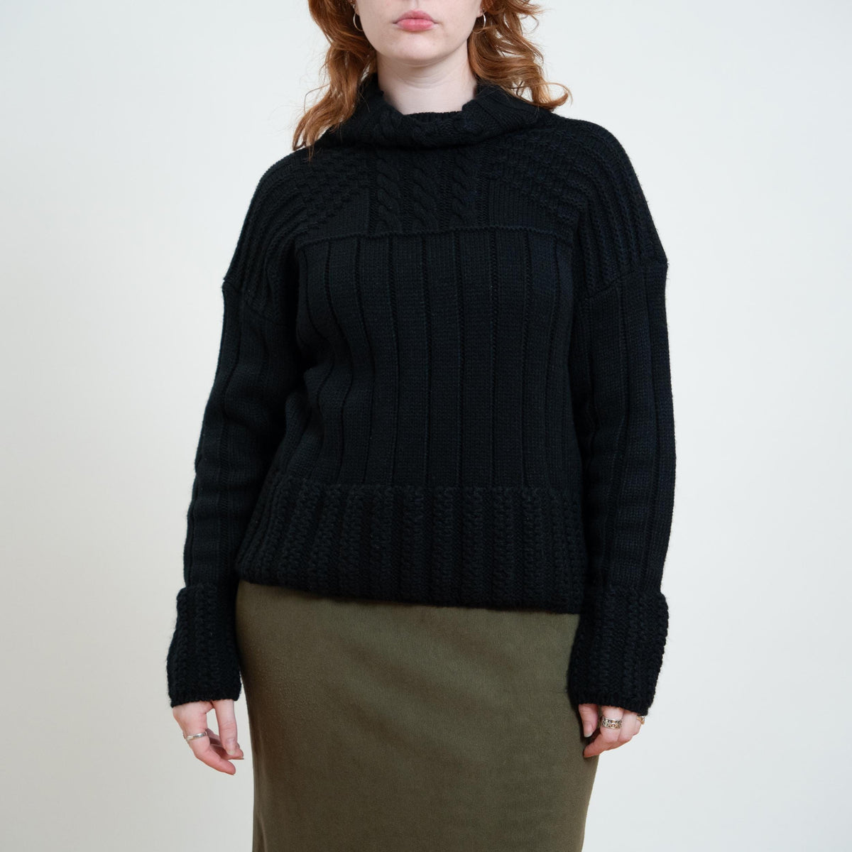 Vintage 80s Black Cable Knit Funnel Neck Sweater - Large | Slouchy Chunky Knit Pullover