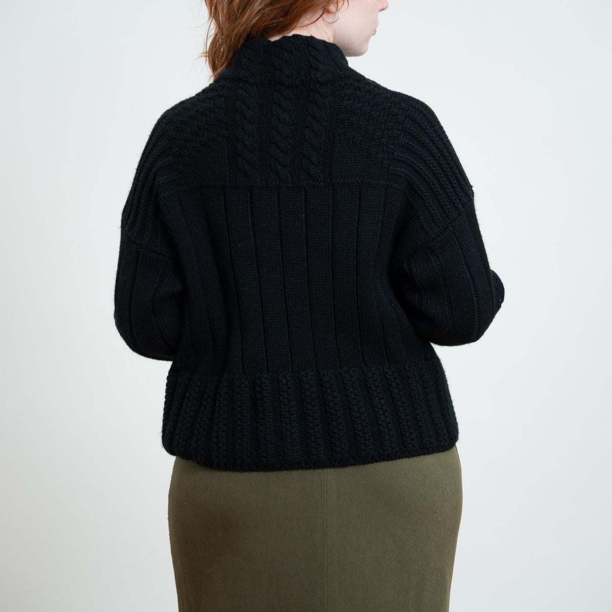 Vintage 80s Black Cable Knit Funnel Neck Sweater - Large | Slouchy Chunky Knit Pullover