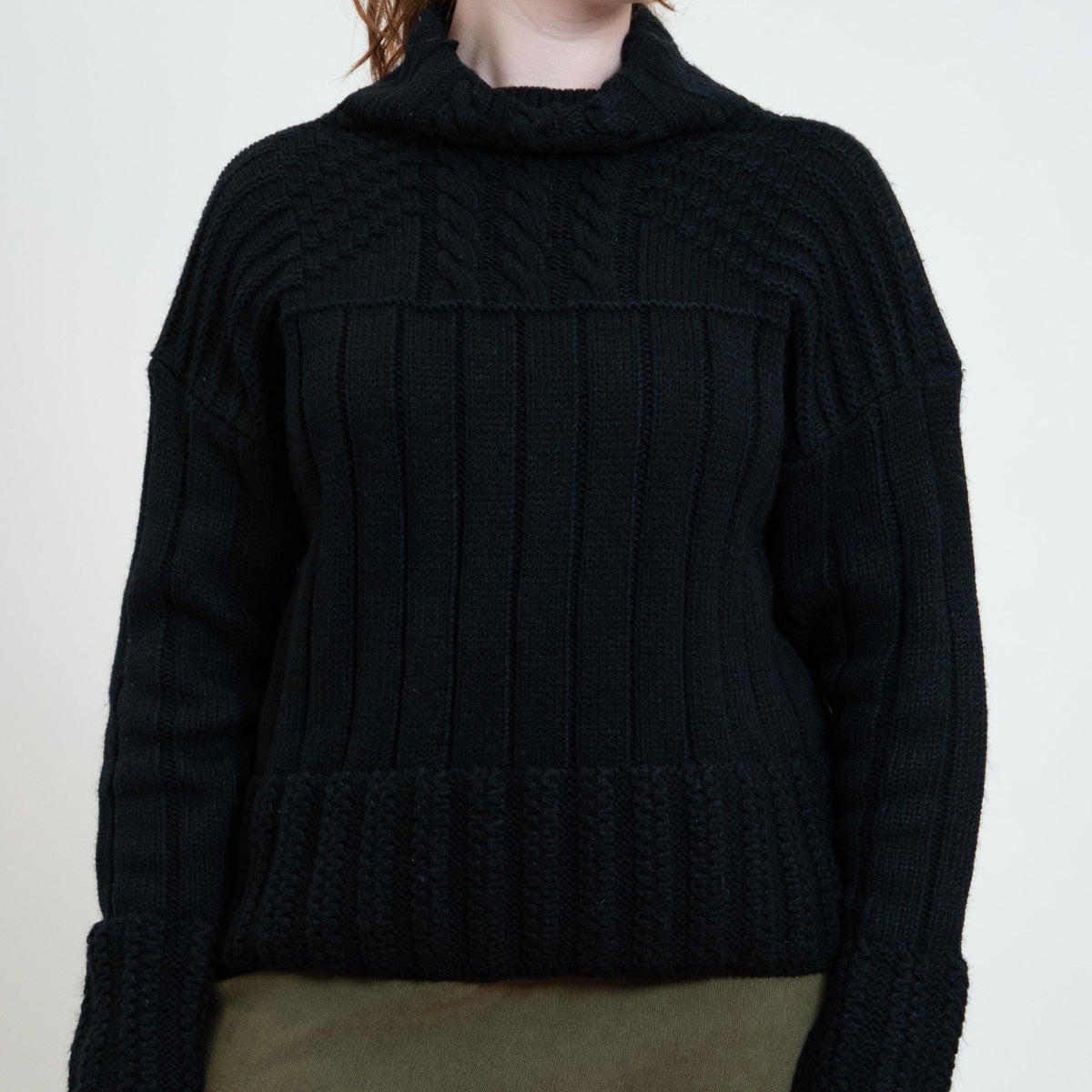 Vintage 80s Black Cable Knit Funnel Neck Sweater - Large | Slouchy Chunky Knit Pullover
