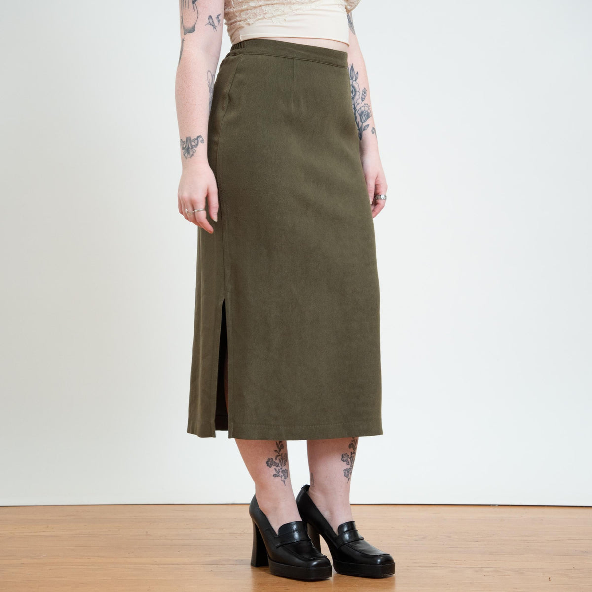 Vintage 90s Olive Green Side Slit Midi Skirt - Medium to Large | Minimalist High Waisted Straight Skirt