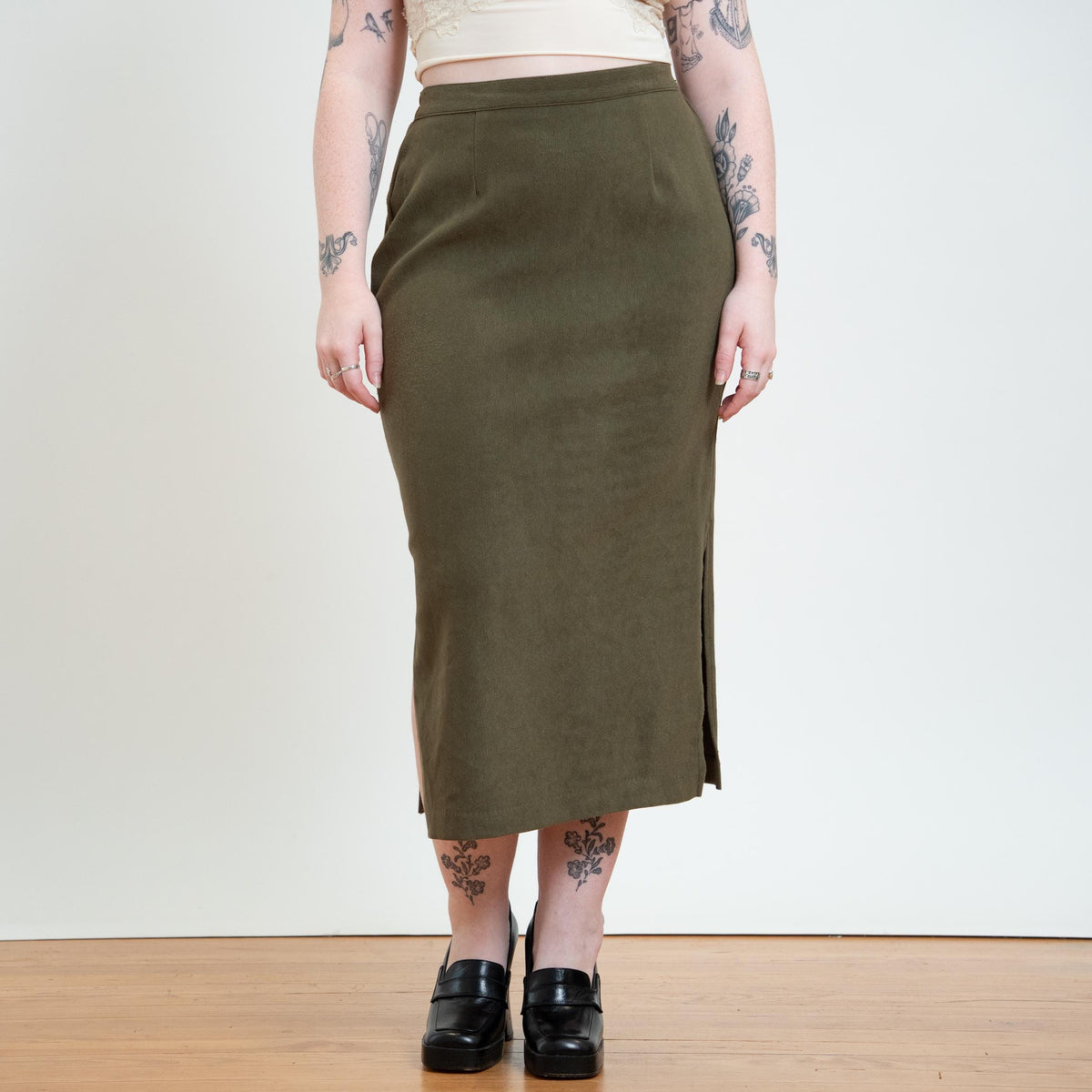 Vintage 90s Olive Green Side Slit Midi Skirt - Medium to Large | Minimalist High Waisted Straight Skirt
