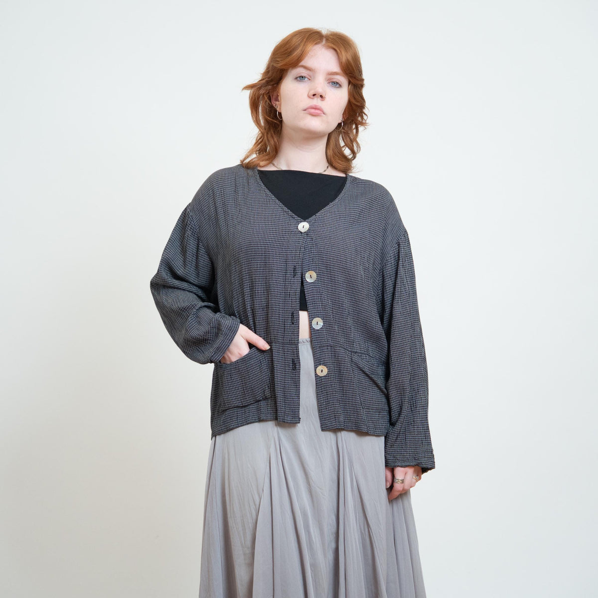 Vintage 90s Black & White Checkered Abalone Button Shirt - Large to XL | Grunge Oversize Button Up Long Sleeve Top