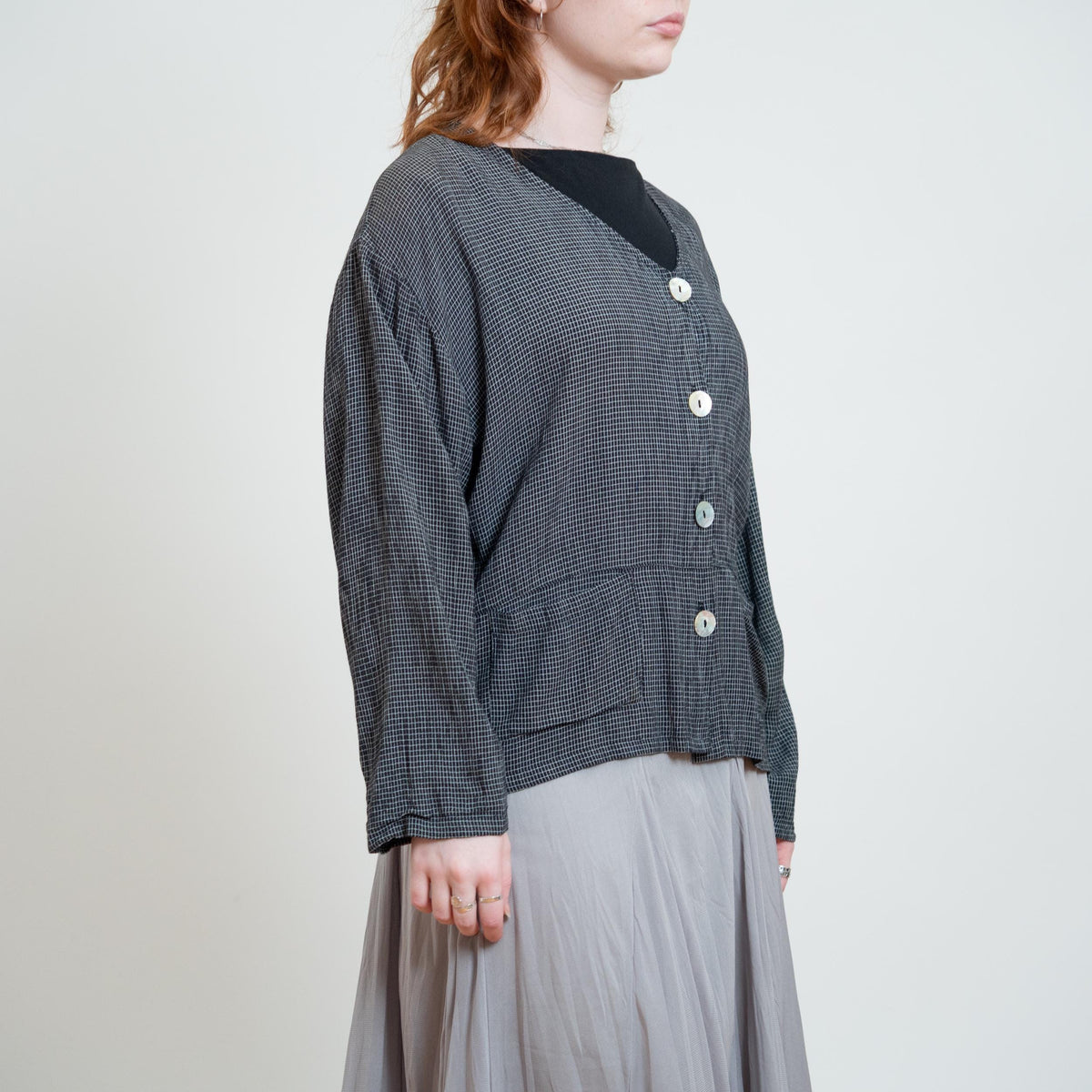 Vintage 90s Black & White Checkered Abalone Button Shirt - Large to XL | Grunge Oversize Button Up Long Sleeve Top