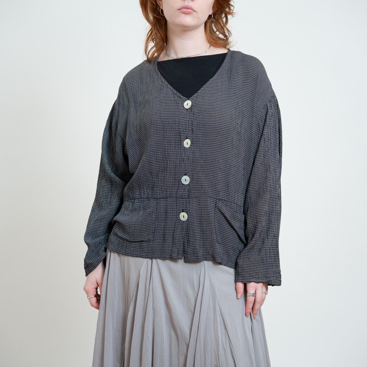 Vintage 90s Black & White Checkered Abalone Button Shirt - Large to XL | Grunge Oversize Button Up Long Sleeve Top