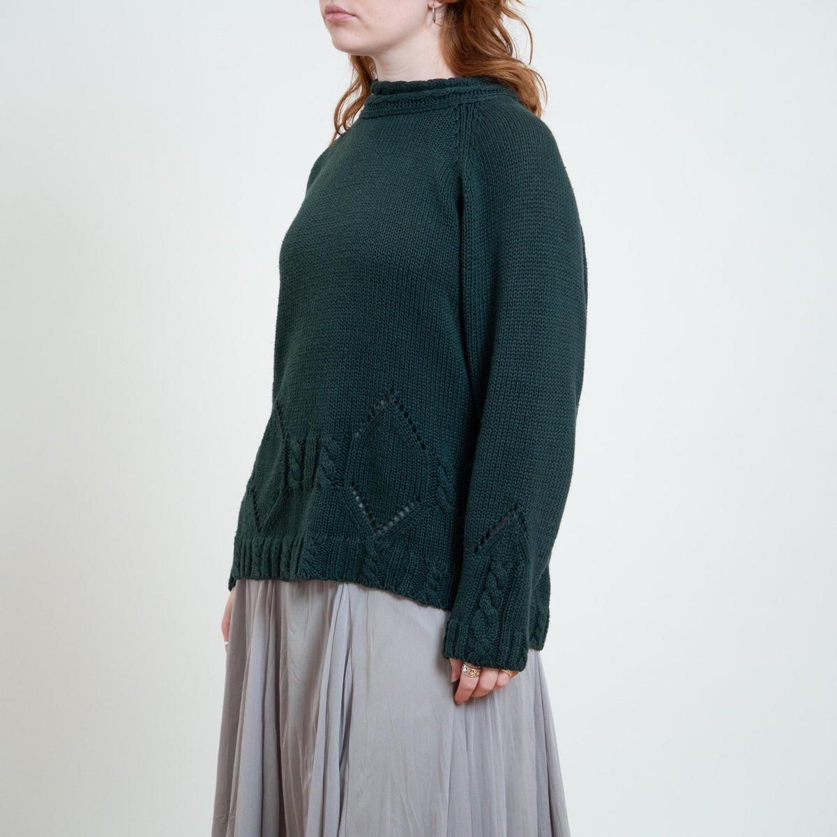 Vintage 90s Forest Green Funnel Neck Pointelle Knit Sweater - Medium | Chunky Cable Knit Longline Pullover