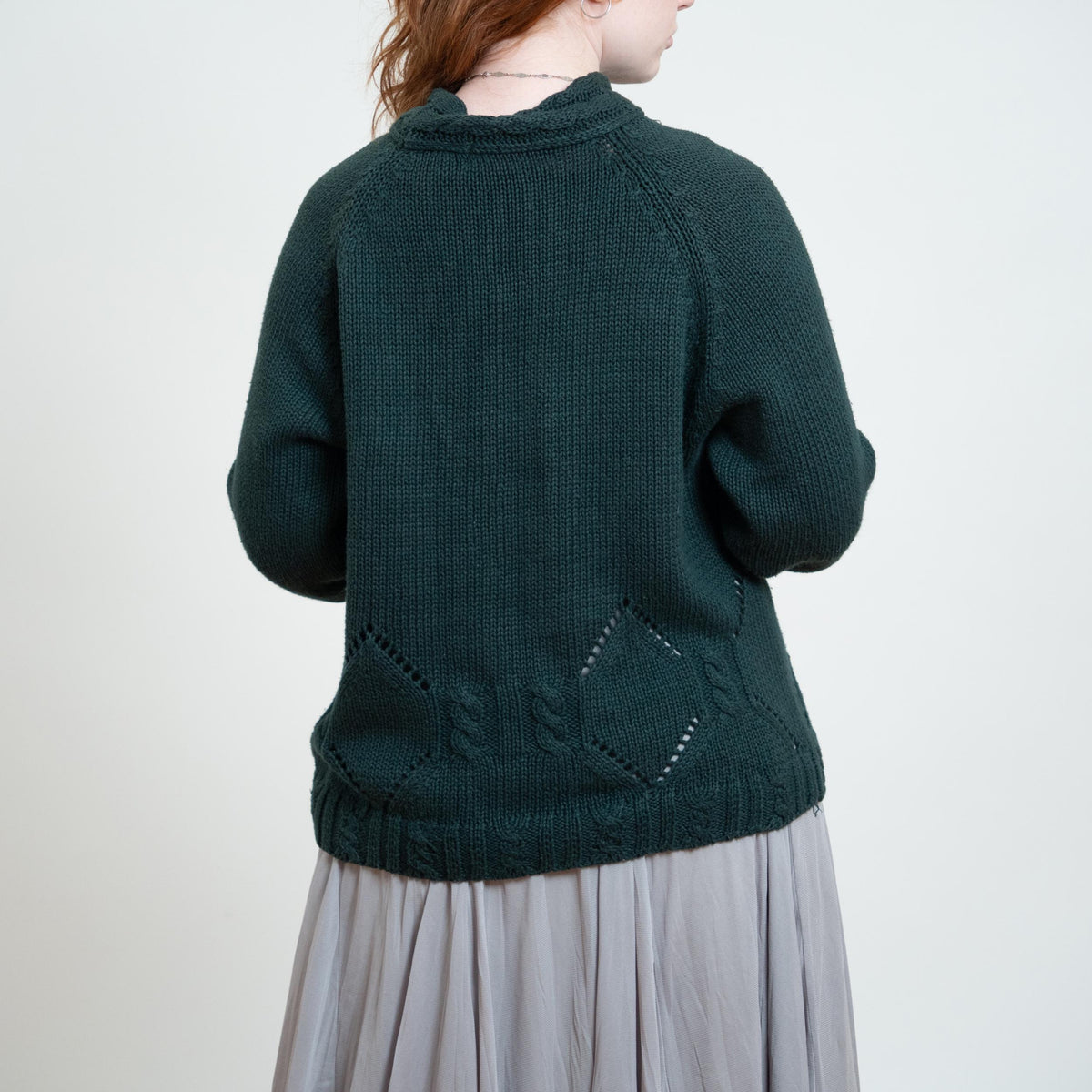 Vintage 90s Forest Green Funnel Neck Pointelle Knit Sweater - Medium | Chunky Cable Knit Longline Pullover