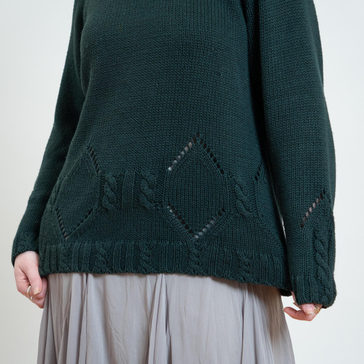 Vintage 90s Forest Green Funnel Neck Pointelle Knit Sweater - Medium | Chunky Cable Knit Longline Pullover