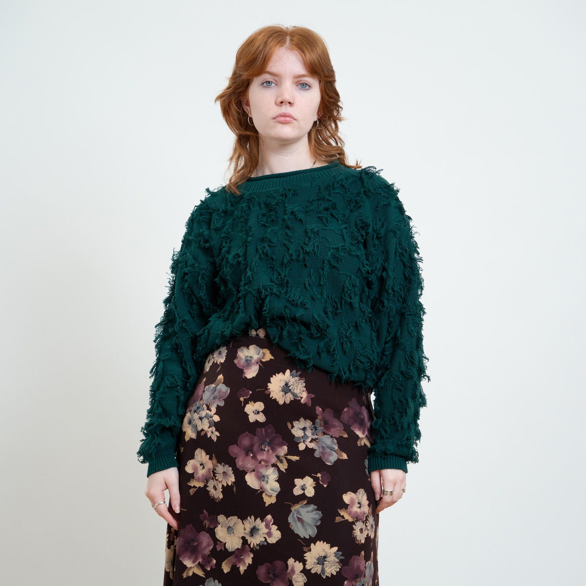 Vintage 90s Forest Green Shaggy Eyelash Knit Sweater - Large | Cotton Jewel Tone Pullover