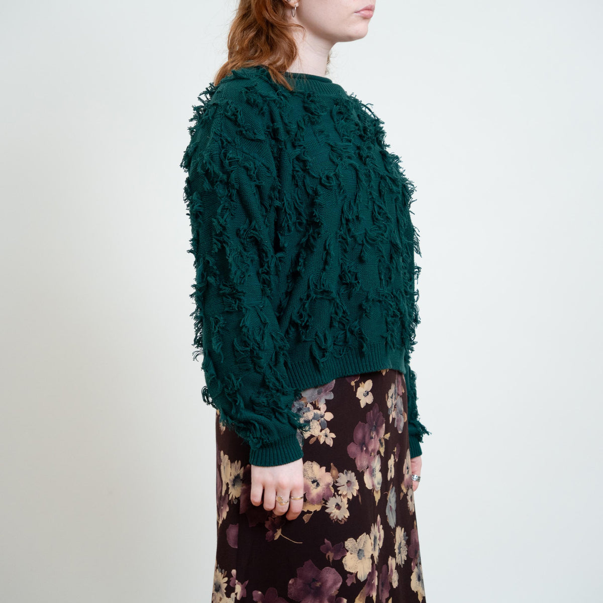 Vintage 90s Forest Green Shaggy Eyelash Knit Sweater - Large | Cotton Jewel Tone Pullover