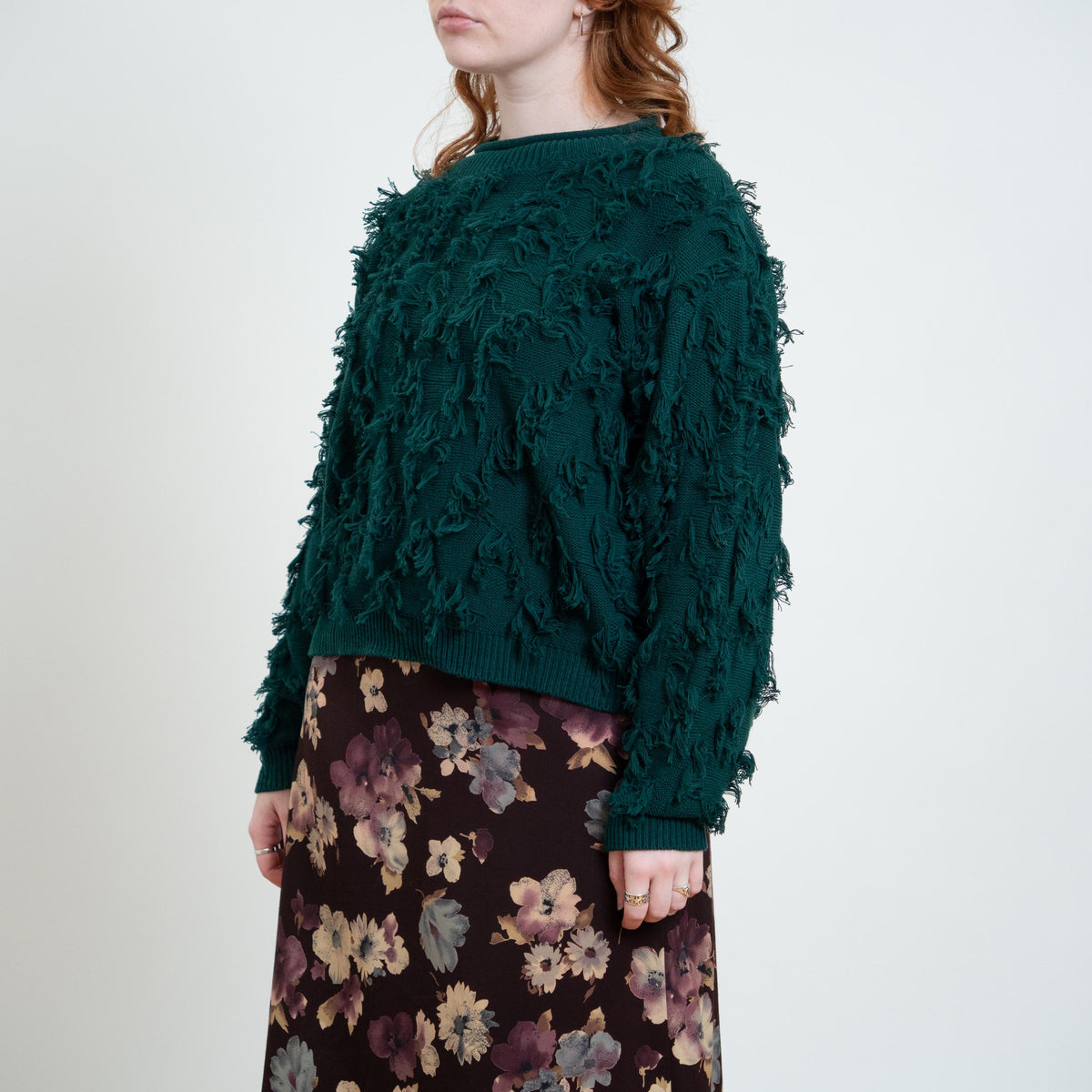Vintage 90s Forest Green Shaggy Eyelash Knit Sweater - Large | Cotton Jewel Tone Pullover