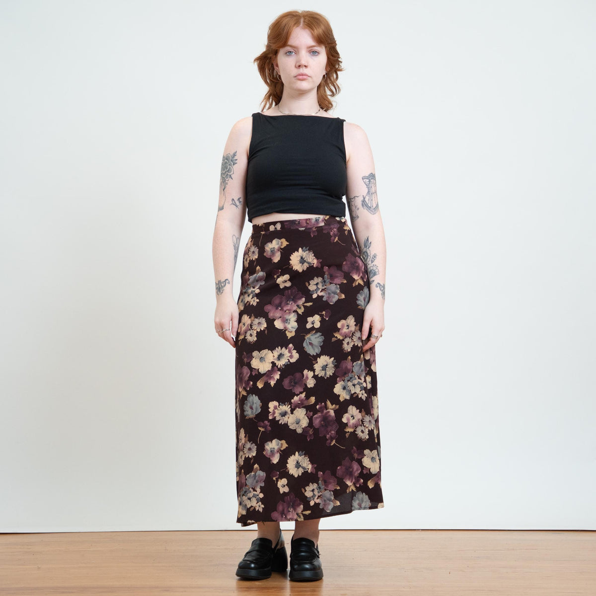 Vintage 90s Plum Floral Maxi Skirt - Medium | Boho Floral High Waisted A Line Skirt