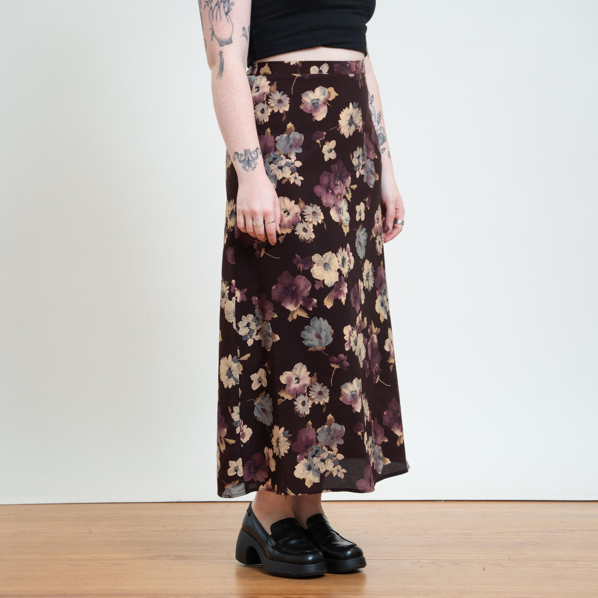 Vintage 90s Plum Floral Maxi Skirt - Medium | Boho Floral High Waisted A Line Skirt