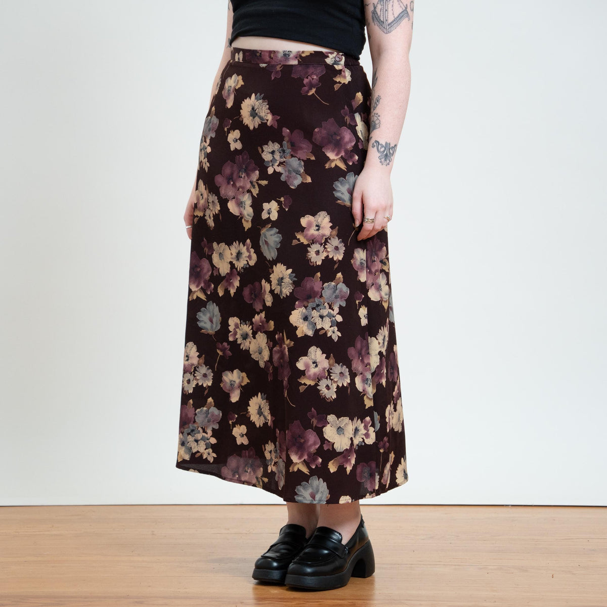 Vintage 90s Plum Floral Maxi Skirt - Medium | Boho Floral High Waisted A Line Skirt