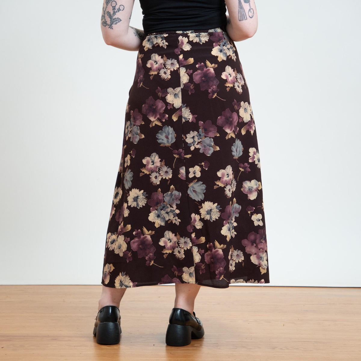 Vintage 90s Plum Floral Maxi Skirt - Medium | Boho Floral High Waisted A Line Skirt