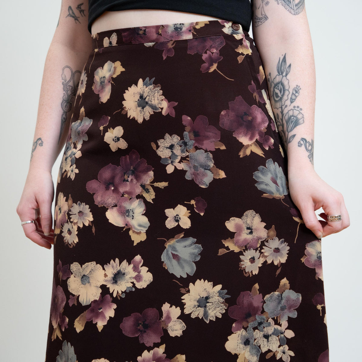 Vintage 90s Plum Floral Maxi Skirt - Medium | Boho Floral High Waisted A Line Skirt