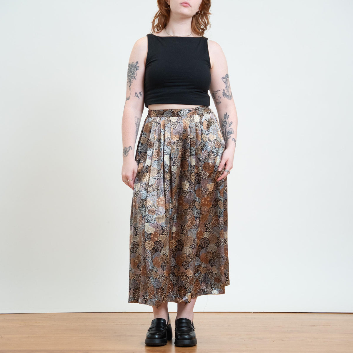 Vintage 80s Tree Print Satin Midi Skirt - Medium | Boho Floral High Waisted Pleated Skirt